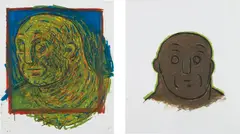 Tom Otterness, Two works: (i) Surprised Worker; (ii) Everyday Worker, 1983, oilstick and graphite on paper