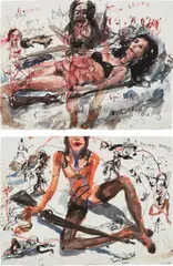 Brad Kahlhamer, Two works: (i-ii) Urban Prarie Girls, 2005, ink and watercolor on paper