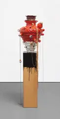 Gem-Pot, Red; Vanitas #1 by Nicole Cherubini, 2005, ceramic, porcelain, terra-cotta, fake gold and silver jewelry, chain, luster, yellow crystal ice, white fox fur, brown, , sold Sep 2017