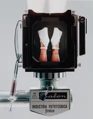 Linhof Technika V fabricated in Munich, Germany. Salon Studio Stand fabricated in Florence, Italy. Dual cable release. Prontor shutter. Symar-s lens 150mmm/f 5.6 Schneider kreuznach. Sinar fresnel lens placed with black tape on the ground glass. (White) Dirk Sharper Studio, Berlin, June 19 by Christopher Williams, 2008, chromogenic print, sold Sep 2017