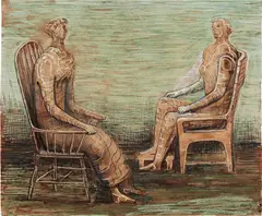 Henry Moore, Two Seated Women, 1948, pencil, wax crayon, colored crayon, watercolor, pen, ink and gouache on paper