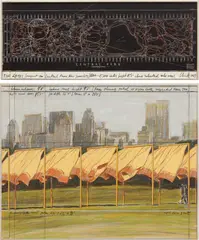 Christo, The Gates (Project for Central Park, New York City), 1983, oilstick, crayon, graphite and collage with board and fabric collage on board, in artist's Plexiglas box, in 2 parts