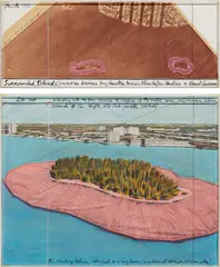 Surrounded Islands (Project for Biscayne Bay, Greater Miami, Florida/Venetian Causeway to Broad Causeway) by Christo, 1983, pastel, graphite, acrylic, fabric and wax crayon on board, in artist's Plexiglas box, in 2 parts, sold Nov 2017