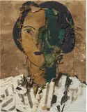 Manolo Valdés, Retrato con Verde, Ocre y Blanco, 1997, oil, tape and burlap collage on burlap