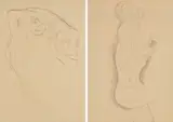 Gustav Klimt, Frau mit fliegenden Haaren, das linke Auge verdeckt; Akt nach rechts, 1917-1918, pencil on paper, double-sided