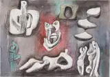 Henry Moore, Ideas for Sculpture, 1980, pencil, wax crayon, watercolour, pastel wash and ballpoint pen on Bockingford white wove paper