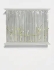 Jesús Rafael Soto, Escritura medio amarilla, 1977, painted wood and metal rods with nylon strings
