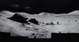 Michael Light, Composite of Eugene Cernan and the Lunar Rover at "Split Rock", Photographed by Harrison Scmitt, Apollo 17, December 7-19, 1972, from the project Full Moon, 1999, chromogenic print