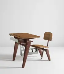 School desk by Jean Prouvé, painted steel, aluminum, beech, oak-veneered plywood and glazed ceramic, sold Sep 2017