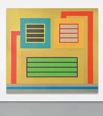 Peter Halley, Layover, 2012, acrylic, Day-Glo, pearlescent and metallic acrylic and Roll-a-Tex on canvas