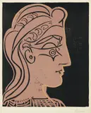 Tête de femme (de profil) (Head of a Woman - in Profile) by Pablo Picasso, 1959, Linocut in colors, on Arches paper, with full margins, sold Apr 2017