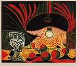 Nature morte au verre sous la lampe (Still Life with Glass under the Lamp) by Pablo Picasso, 1962, Linocut in colors, on Arches paper, with full margins, the colors fresh, sold Apr 2017
