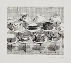 Cake Window, from Delights by Wayne Thiebaud, 1964, Etching, on Rives BFK paper, with full margins, sold Apr 2017