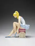 Jeff Koons, Seated Ballerina, 2015, Hand-carved and hand-painted wood multiple, contained in the original foam-lined white paper covered cardboard box with the artist's name printed on the lid