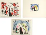 Les magdaléniens (The Magdalenians): three impressions by Joan Miró, 1957-58, Three etchings including two etchings with hand-coloring in crayons (one also with gouache), and one with aquatint print, sold Apr 2017