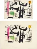 Joan Miró, Les philosophes II (The Philosophers II): two impessions, 1958, Two aquatints in colors (one with hand-coloring), on Rives BFK paper, with full margins