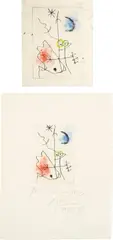 Joan Miró, Le grillon (The Cricket): two impressions, 1958, Two drypoints including one with hand-coloring and one with aquatint in colors, on Rives BFK paper, with full margins