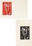 Joan Miró, Les brisants (The Breakers): two impressions, 1958, Two aquatints (one black with hand-coloring and the other in colors, mostly red), on Arches paper (one folded), with full margins