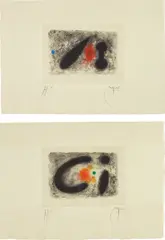 Fusée (Rocket): two plates by Joan Miró, 1959, Two aquatints in colors, with a hand-colored blue and green spot respectively, on pale green wove paper, with full margi, sold Apr 2017