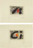 Joan Miró, Fusée (Rocket): two plates, 1959, Two aquatints in colors, with a hand-colored blue and green spot respectively, on pale green wove paper, with full margins