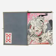 How & Nosm, Untitled, c. 2012, screenprint, airbrush, India ink, spray paint and collage on masonite laid to book with collaged playing card