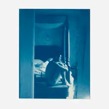 John Dugdale, Self Portrait, Bed Chamber, Stone Ridge, NY, 1994, cyanotype in artist-made frame with 19th century seed glass