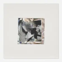 Larry Bell, Small Mirage Study #200, 1991, collage with aluminum and silicon monoxide on white canvas