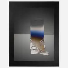 Larry Bell, ERBK 9, 2003, aluminum and silicon monoxide on paper mounted to black gesso signcloth with acrylic laminate film