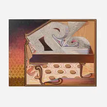 Zach Harris, Steinway Sunset, 2018-19, water-based paint, ink, graphite and linen on carved relief and inlaid wood panel