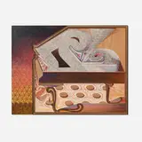 Zach Harris, Steinway Sunset, 2018-19, water-based paint, ink, graphite and linen on carved relief and inlaid wood panel