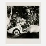 Bunny Yeager, Elaina Lekas with Her Pet Leopard Nero Seated on MG, gelatin silver print