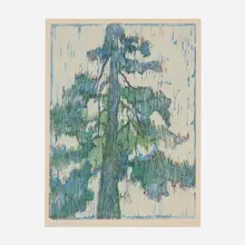 Blue Pine Tree by Victoria Adams, 1974, woodcut in colors on Japan, sold Jun 2026