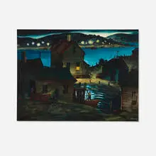 Henry Gasser, Harbor Scene at Night, watercolor on Arches