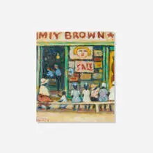 John Lapsley, Children on a Bench, Outside a Doll Store, 1998, oil on board