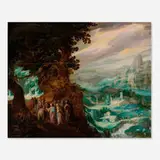Kerstiaen de Keuninck, Christ accompanied by apostles on a mountain road blessing a pilgrim, oil on panel