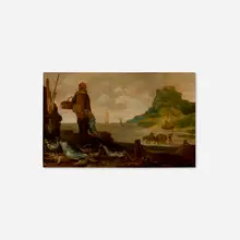 Abraham Willaerts, A beach scene with fishermen and a still life of fish in the foreground, oil on panel