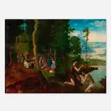 Netherlandish School 16th century, Landscape with Saint John the Baptist preaching and the baptism of Christ, oil on panel