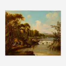Jerome Thompson, Landscape with Figures by a River, 1866, oil on canvas