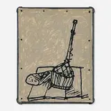 Valentin Carron, Brot und Wein, c. 2014, acrylic on polyester banner and metal ties to metal pipe frame