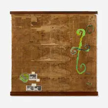 William T. Wiley, Untitled, 1986, ink, gouache, acrylic and graphite on map with collaged offset lithograph on paper and tracing paper laid to canvas with wood hangers