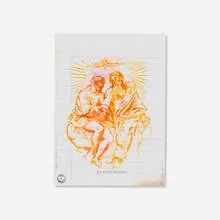 David Godbold, Spirit?, 2005, ink and computer print-out on tracing paper over found exercise book page