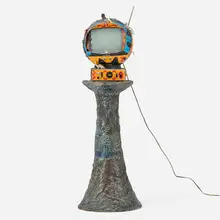 Kenny Scharf and Cindy Sherman, Untitled, painted found object collage on Yokohama TV/Radio and ceramic pedestal