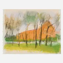 Wolf Kahn, Orange Light on a Barn, 2009, oil stick on paper