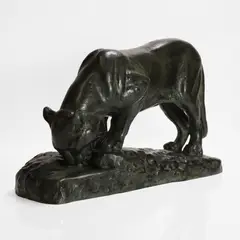 Louis Riché, Untitled, A panther drinking bronze with green and black patination