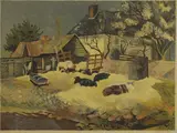 John Aldridge, Untitled, 'An Essex Farmyard' lithograph in colours