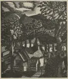 Eric Ravilious, Untitled, ‘Church Under a Hill’ woodcut