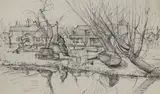John Aldridge, Untitled, Beside the river pen and ink 22.5 x 38cm Provenance: From the artist's studio and estate
