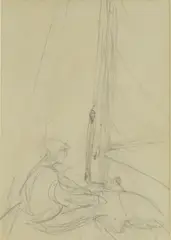 Henry Scott Tuke, Untitled, A figure in a sailing boat pencil; verso studies of arms red crayon 17 x 11.5cm