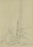 Henry Scott Tuke, Untitled, A figure in a sailing boat pencil; verso studies of arms red crayon 17 x 11.5cm