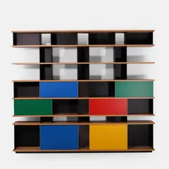 Charlotte Perriand, 'Nuage' bookcase, the fir frame with modular matte-lacquered-metal dividing panels and four anodised-aluminium sliding doors Private collection